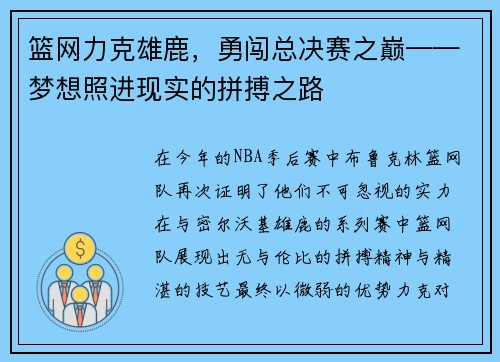 篮网力克雄鹿，勇闯总决赛之巅——梦想照进现实的拼搏之路