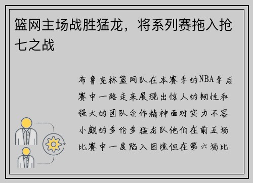 篮网主场战胜猛龙，将系列赛拖入抢七之战