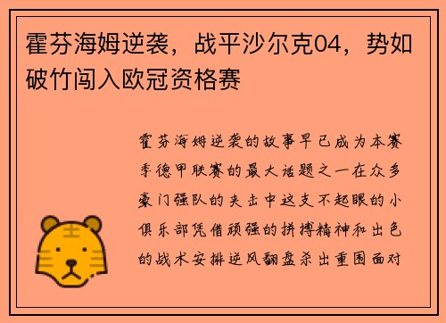 霍芬海姆逆袭，战平沙尔克04，势如破竹闯入欧冠资格赛