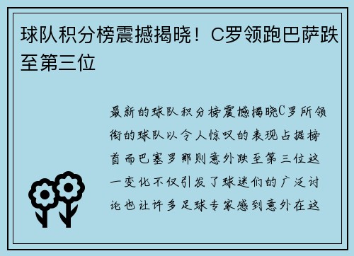 球队积分榜震撼揭晓！C罗领跑巴萨跌至第三位