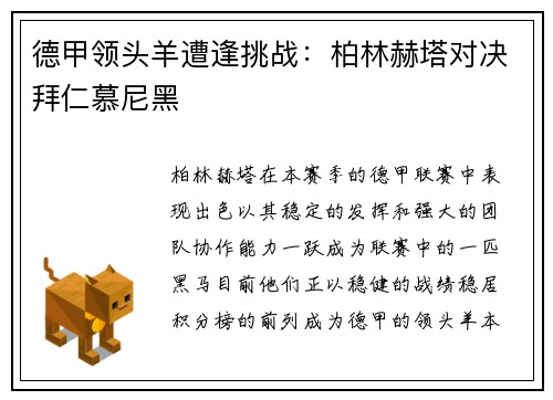 德甲领头羊遭逢挑战：柏林赫塔对决拜仁慕尼黑