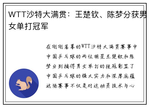 WTT沙特大满贯：王楚钦、陈梦分获男女单打冠军