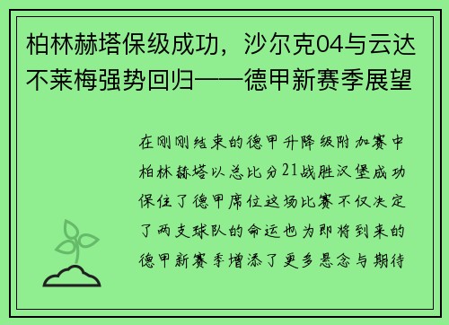 柏林赫塔保级成功，沙尔克04与云达不莱梅强势回归——德甲新赛季展望