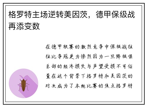 格罗特主场逆转美因茨，德甲保级战再添变数